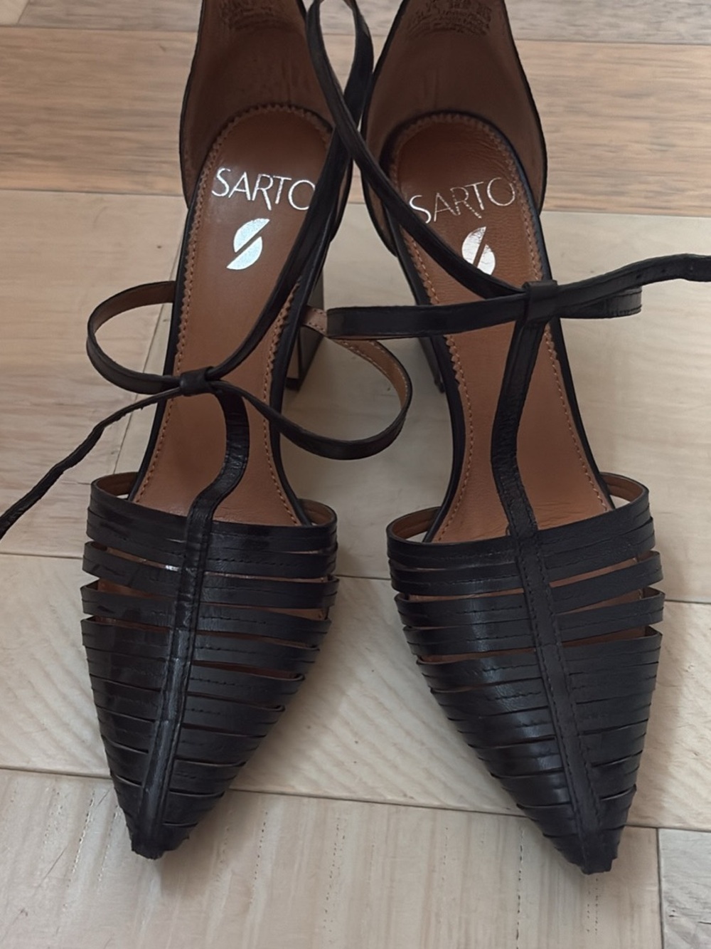 SARTO By Franco Sarto Black Strappy Pointed-Toe Heels with Ankle Tie